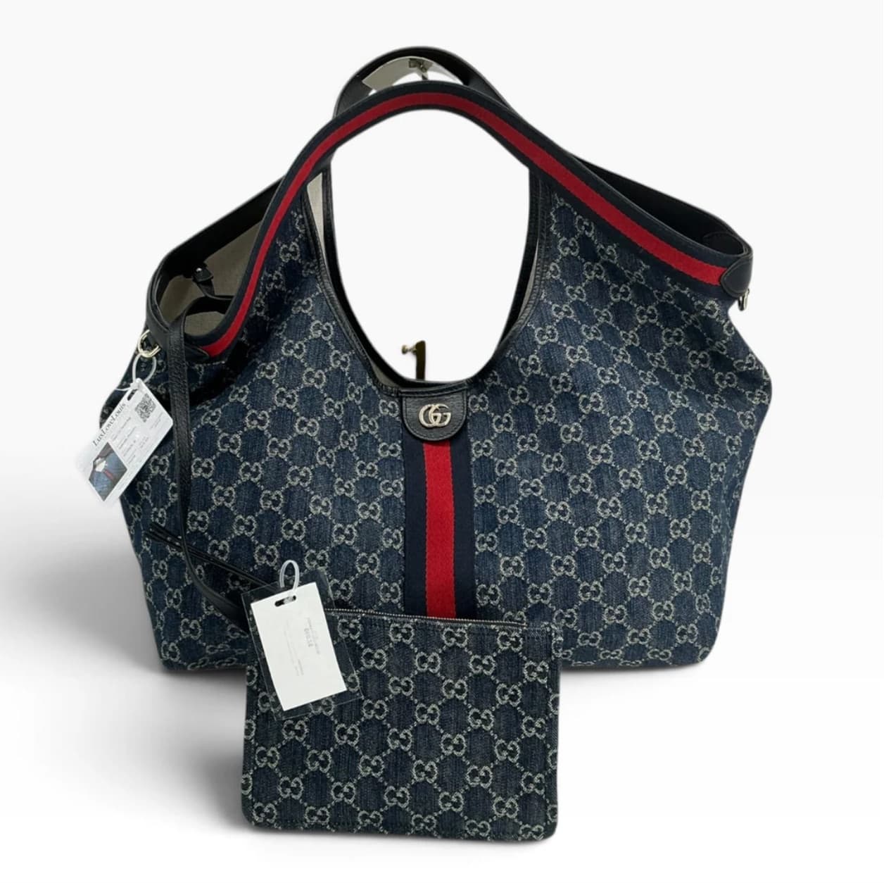 Gucci GG Denim Giglio Large Tote Bag in Blue with Detachable Pouch photo 1